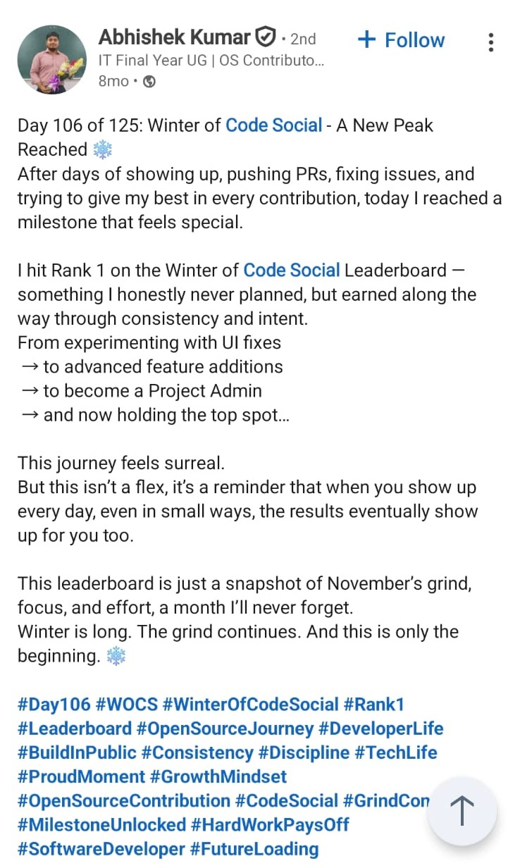 LinkedIn post from a WOCS 2025 participant