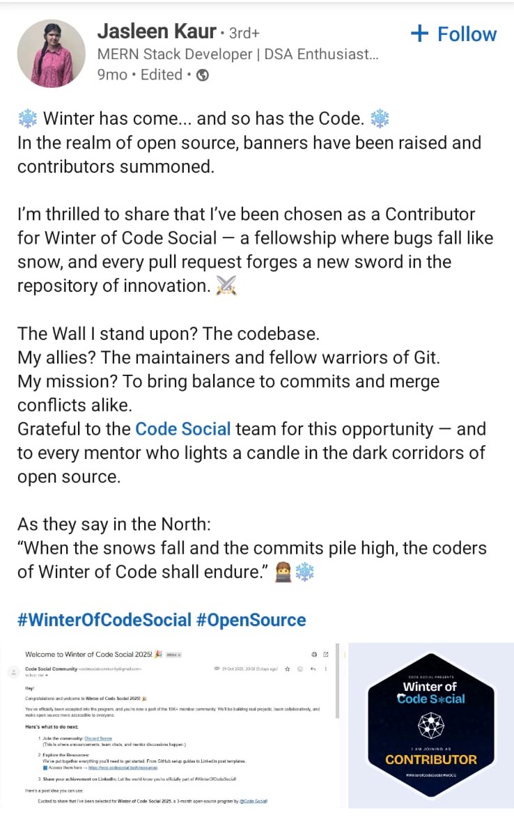 LinkedIn post from a WOCS 2025 participant