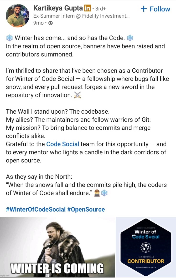 LinkedIn post from a WOCS 2025 participant