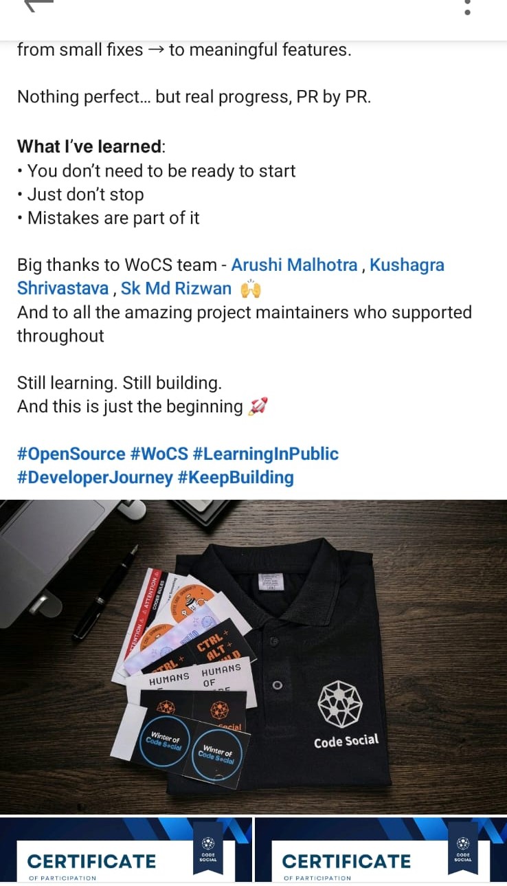 LinkedIn post from a WOCS 2025 participant