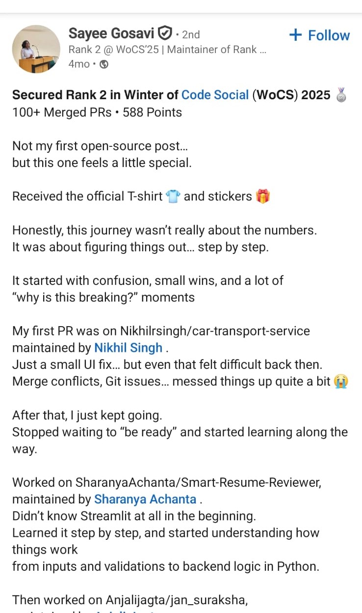 LinkedIn post from a WOCS 2025 participant