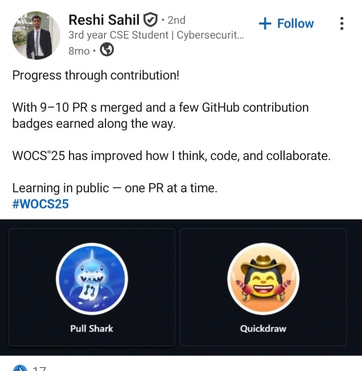 LinkedIn post from a WOCS 2025 participant